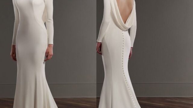 Long Sleeve Draped Open Back Wedding Dress 2021